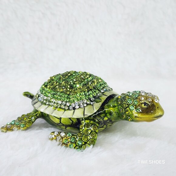 H&D Crystal Green Sea Turtle Jewelry Coin Trinket Box Magnetic - Picture 9 of 11
